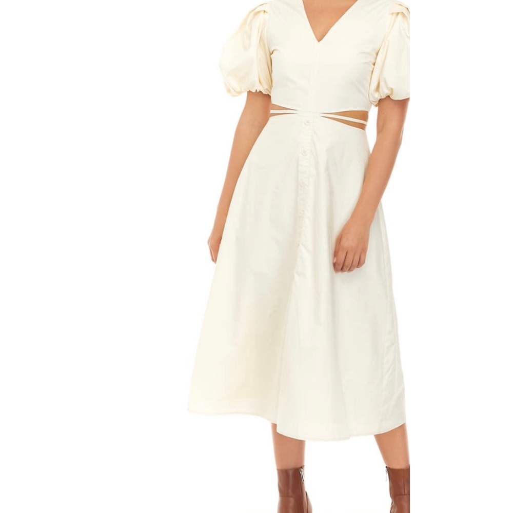 NWT Moon River short sleeve midi dress cutout waist with tie, Size S, cream